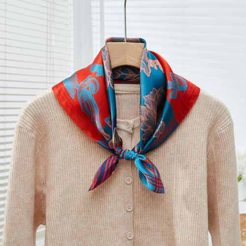 100% Mulberry Silk Neck Scarf 21''x21'' Small Square Hair Scarf for Women Men Lightweight Bandana Envelope Package - color: Floral- Blue Red