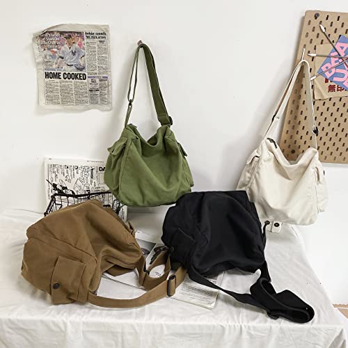 KlaOYer Canvas Messenger Bag Large Hobo Bag Crossbody Shoulder Bag Tote Bag with Pocket for Women and Men - color: White 2