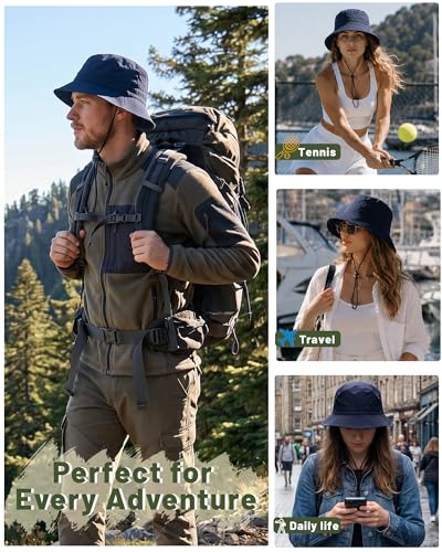 Water-Resistant Bucket Hat for Women Men Rain Hat UPF 50+ Boonie Sun Hat Foldable Summer Floppy Fishing Safari Hats - color: Navy Blue
