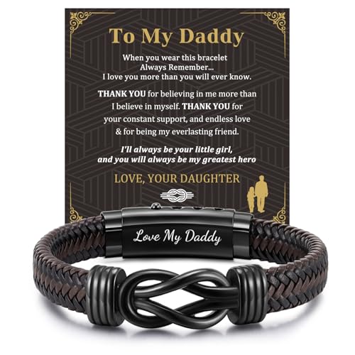 MEALGUET Men's Bracelets Gifts for Men - Brown Braided Leather Infinity Knot Bracelets Engraved Love Massage for Son Man Husband Boyfriend, Mens Bracelet Jewelry Gift for Birthday Valentine's - style: to my daddy from daughter