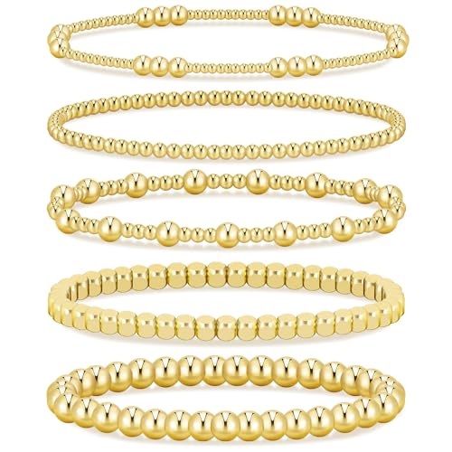 Gold Beaded Bracelets for Women, 14K Real Gold Plated Jewelry for Women Dainty Pearl Bead Bracelets Stack, Non Tarnish Trendy Stackable Ball Cross Stretch Bracelet Set Fashion Accessories Gifts - color: Gold square bead