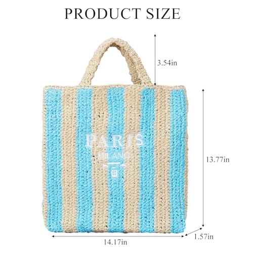 Straw Beach Bag for Women Summer Woven Tote Bag Packable Straw Purses and Handbags for Vacation Holiday - color: M-blue