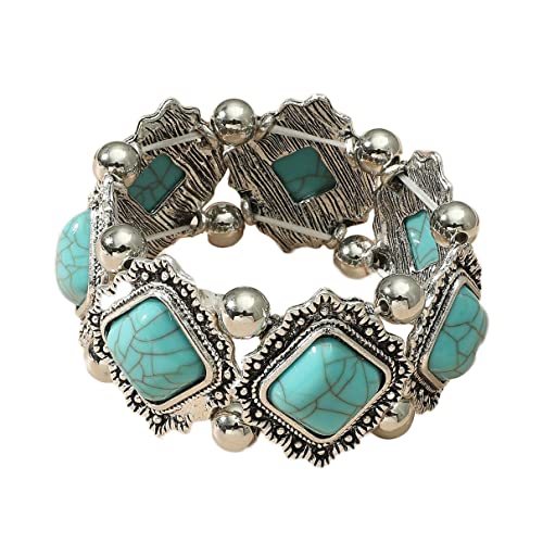 COLORFUL BLING Bohemian Simulated Turquoise Stretch Bangle Bracelet for Women Adjustable Ethnic Natural Stone Statement Wide Wrap Bracelet Boho Jewelry - color: square blue