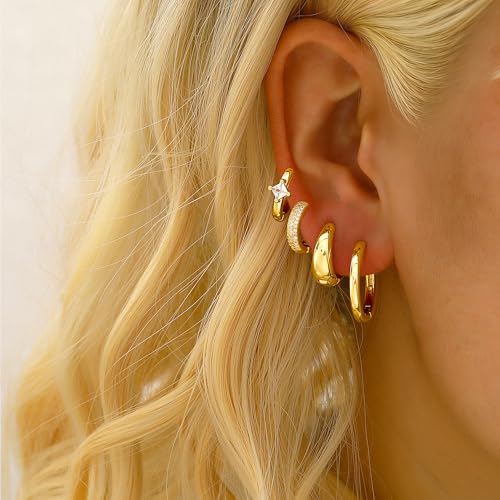 Small Gold Hoop Earrings Set for Women, 14K Gold Plated Lightweight Earrings Sets for Multiple Piercing, Hypoallergenic Huggie Gold Hoops Earrings for Women Jewelry - color: Gold-A