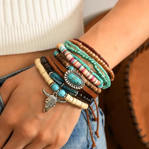 Long tiantian Western Turquoise Beaded Bracelet Set for Women Stackable Cowgirl Bracelets Boho Concho Jewelry Country Concert Rodeo Outfit Accessories Gifts - color: F2:western wooden dress