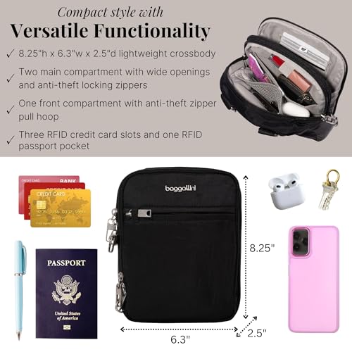 Baggallini Securtex® Anti-theft Mini Everything Crossbody Bag, 6.3"x8.25" Rfid, Locking Zippers & Cut-resistant Strap - color: Black