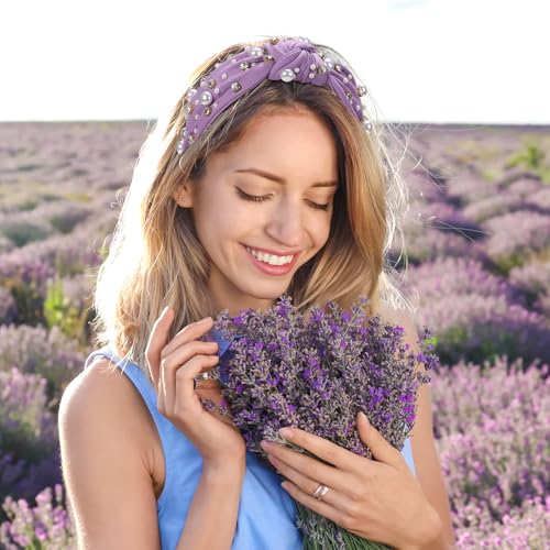 WantGor Pearl Knotted Headband, Women Rhinestone Embellished Hairband Elegant Wide Top Knot Bride Headbands Headpieces Party Fashion Elegant Ladies Hair Band Hair Hoop Accessories (Purple) - color: Purple