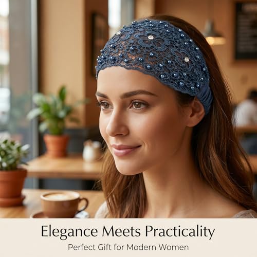 Chedin 3pcs Boho-Chic Wide Elastic Lace Headbands for Women - Crystal, Pearl & Floral Beaded, Fit Daily Wear/Weddings/Holidays