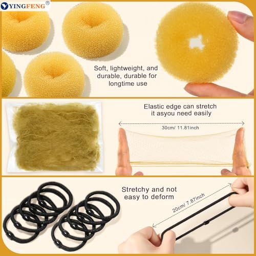 YINGFENG 134 Pcs Gold Hair Bun Maker Kit for Kids Small - 4 Hair Donuts for Buns, 20 Hair Nets for Buns, 100 U Shaped Bobby Pins, 10 Hair Bands, for Girls, Ballet Dance, Hair Accessories for Women - color: gold, size: Small