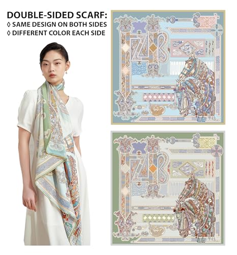 100% Silk Scarves, Extra-Large and XX-Large - color: Dream Reminiscing, Green & Blue, Double-sided, Hand Rolled Edges
