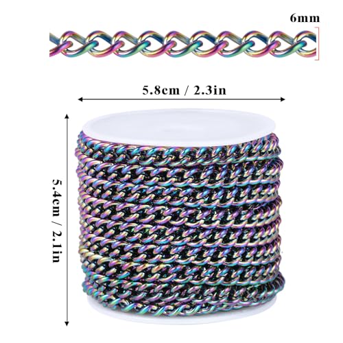 16.5FT Colorful Stainless Steel Curb Chains Roll, 6mm 304 Stainless Steel Multi Color Flat Twisted Links Curb Chains Bulk Spool for Jewelry Making DIY Craft - color: Colorful, size: 6.0mm width