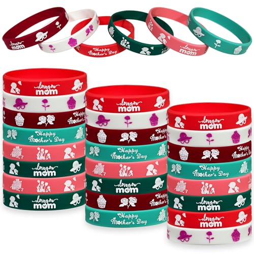 24 Packs Happy Mother’s Day Silicone Bracelets Party Supplies Thank You Mom Motivational Rubber Wristbands Best Mom Birthday Themed Party Favors Award Gifts Bulk of Bracelets Goodie Bag Stuff