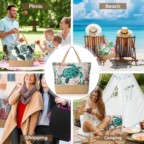 Trifabricy Beach Bag for Women, Large Beach Tote Bags with Zipper, Woven Straw Tote Waterproof, Swim Gym Shopping Travel Bag - color: Turtle