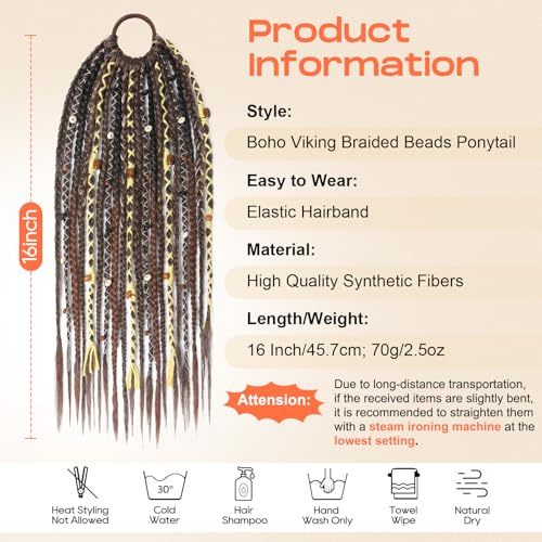SEIKEA Boho Braided Ponytail Extension on Hair Tie, 16" Full Volume Lightweight Viking Dreadlock Ponytail Braid in Dreadlock Extensions with Beads and Shells, Festival Hair Accessories for Women Girls - color: Woodland Camo Olive Mix