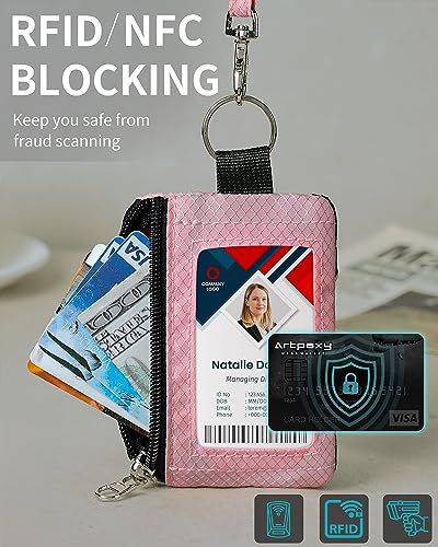 Artpaxy Minimalist Wallet For Mens Womens, Keychain RFID Blocking Zipper Small Wallet with ID Window 2 Lanyards,Water Resistant Travel Cash Card Coin Case Boys Girls - color: Light pink+Grey, style: Classic