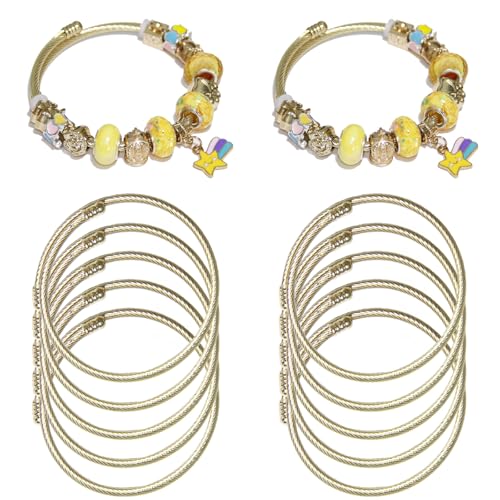 Exway 10 Pcs Elastic charm Bracelet chain Stainless Steel Cable Wire Twisted Cuff Bangle Bracelet Gold charm Bracelets Kit for Crafts DIY Women Jewelry Making - color: gold, size: 7.0in