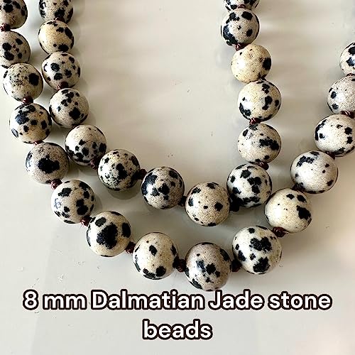 Long Genuine Stone beads and Pendant Necklace for Woman. Hand Knotted natural stone beads with big non-precious stone statement necklace. HANDMADE Boho Jewelry for women. - color: Spotted black and beige