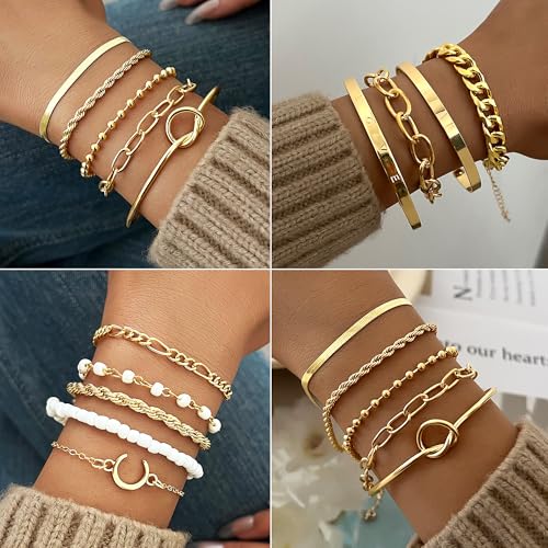 FAXHION 68 Pcs Gold Jewelry Set for Women with 7 Necklace, 17 Bracelet, 5 Hoop Earrings, 15 Stud Earrings, 24 Knuckle Rings for Women Jewelry Set for Women Gift - color: gold women jewelry