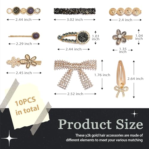 10PCS Y2K Hair Clips Black Gold Bow Hair Clip Vintage Non Slip Flower Hair Barrettes Sparkly Rhinestone Hair Accessories for Women - color: Black