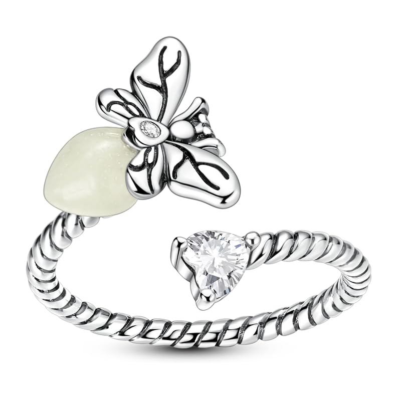 PARCOM Adjustable Women Stackable Ring, 925 Sterling Silver Open Rings - Trendy Eternity Cubic Zirconia Stackable Band Engagement Promise Ring for Her, Hypoallergenic Non Tarnish Nature Bird Floral Thumb Rings - color: Glow-in-the-Dark Firefly