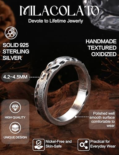 MILACOLATO 925 Sterling Silver Rings for Men Women Oxidized Silver Ring Non Tarnish Vintage Hammered Ring Unisex Wide Thumb Stackable Rings Unique Engagement Wedding Bands Size 9