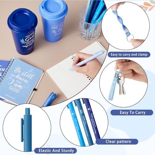 Skylety 12 Set/ 48 Pcs Christian Gifts for Women Men Religious Gift Set 16 oz Bible Scripture Cups with Lids Mini Spiral Notebooks Pens Keychains for Mother Father Birthday(Blue Gradient) - color: Blue Gradient