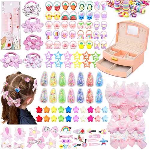 252 Pcs Hair Accessories for Girls Jewlry Box, Back to School Hair Accessory Gift Hair Stuff Storage including Hair Clip,Hair Barrettes,Hair Ties,Hair Bows for Little One Teen Age 3-12 (ORANGE PINK) - color: ORANGE PINK