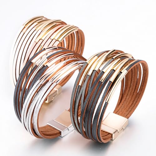 Fesciory Leather Wrap Bracelets for Women, Boho Leopard Multi-Layer Crystal Beads Cuff Bracelet Jewelry - color: Beige and Champagne