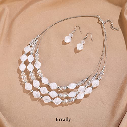 3 Layered Chunky Statement Necklace for Women Beaded Strand Necklaces with Earring Fashion Costumes Collar Necklace Jewelry Sets Gifts for Women - color: White