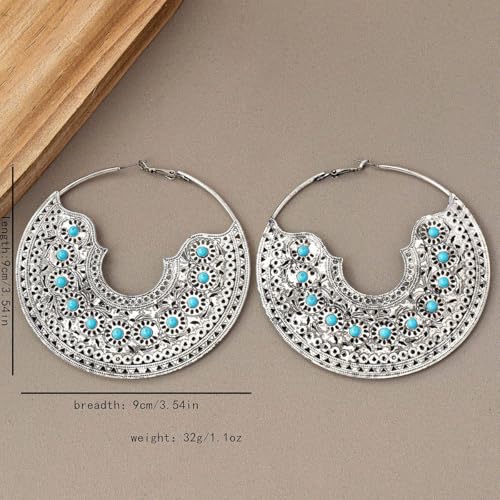 Chunky Metal Hoop Earrings for Women Vintage Bohemian Large Circle Earrings Gold Silver Textured Statement Earrings Trendy 80/90s Earring Oversized Big Dangle Earring Christmas Birthday Party Prom Banquet Costume Jewelry - color: Silver