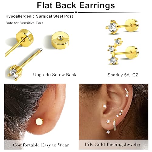 3 Pairs Dainty Small 4th of July Earrings for Women Trendy, Birthstone Stud Huggie Hoop Jacket Stack for Cartilage Helix, Gold Plated Hypoallergenic Cute Women Fashion Accessories Western Jewelry Gifts - color: Flatback (Gold)