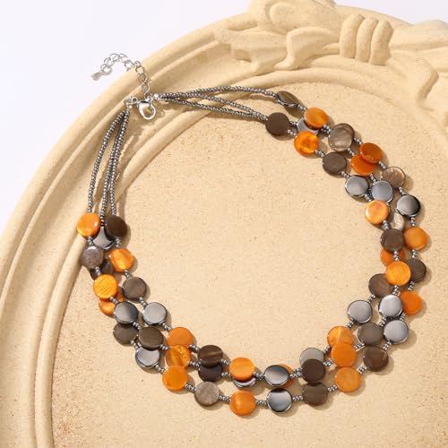 Noessla Layered Beaded Chunky Necklace for Women Boho Two-color Shell Statement Necklace Fashion Collar Costume Jewelry Gifts for Mum - color: Brown