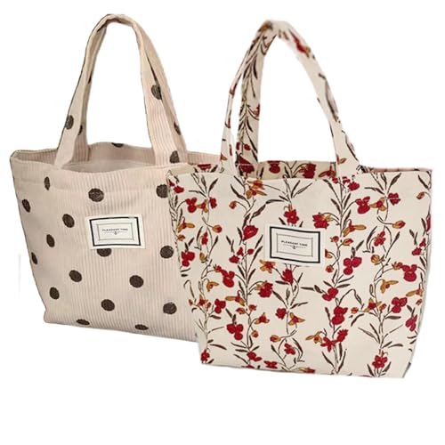 Kovewon 2PCS Corduroy Small Tote Bag for Women Cute Floral Mini Tote Bag Preppy Aesthetic Reusable Bags for Grocery, Essentials, Water Bottle, Keys - color: Red Rose