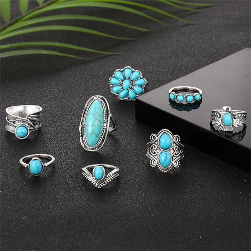 Bohemian Joint Knuckle Rings Set for Women,Vintage Boho Turquoise Stackable Rings Chunky Retro Turquoise Midi Finger Ring Statement Western Jewelry - style: Style B