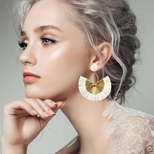 Anmpab Straw Fan Bohemian Tassel Earrings for Women Trendy Colorful Fringe Summer Beach Statement Earrings - color: White