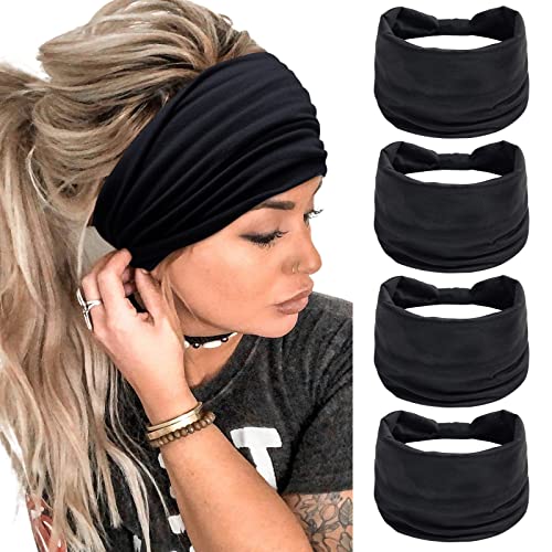 Huachi Wide Headbands for Women Black Stylish Head Wraps Boho Thick Hairbands Large African Sport Yoga Turban Headband Hair Accessories (Pack of 4) - color: Headbands Black