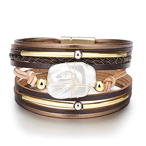 Fesciory Leopard Bracelet for Women, Boho Leather Wrap Multi-Layer Pearl Crystal Bracelet Bangle Jewelry - style: Brown Leather(Pearl)