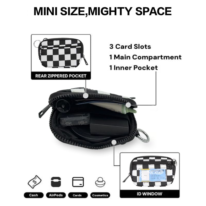 Wristlet Wallet for Women Mini Zip Card Case with Clear ID Window Zipper Coin Purse Lightweight Portable Keychain Wallet - color: Black White