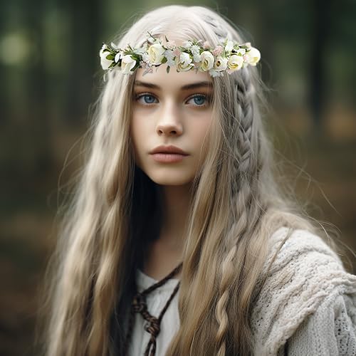 Vivivalue Wedding Flower Crown Women Flower Headband Hair Wreath Floral Headpiece Halo Boho with Ribbon Party Prom Festival Photos - color: K