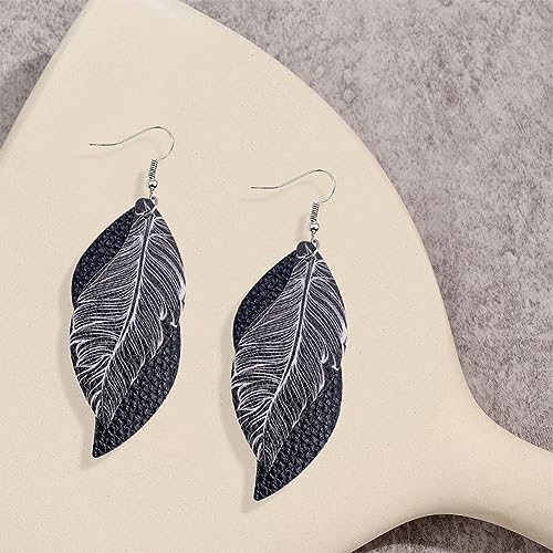 ANXIN boho unique Leather Earrings 2 Layered Lightweight Faux Leather Leaf Earrings Layered Design Drop Earrings Gift for Women - color: Black Faux Leather Leaf Earrings