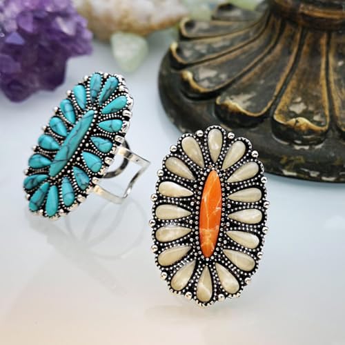 Turquoise Ring Boho Western Jewelry Chunky Thumb Statement Ring Dainty Simple Finger Open Jewelry Gift for Women Boho Dresses Accessories - color: B2:white turquoise rings