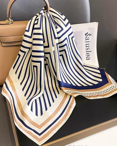 Saiusloa Neck Scarf For Womens Silky Head Scarves Hair Bandanas Square Scarf Fashion Accessories lightweight - color: 26-blue-white Geometry