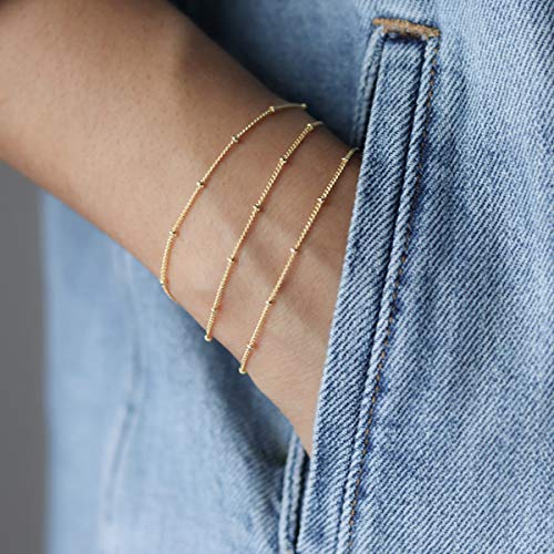BENEIGE Women Bracelet 14K Gold Plated Paperclip Satellite Bead Ball Oval Cuba Cable Box Chain Daily Charm Layered Link Silver Bracelets Adjustable Jewelry - style: 3 Layered beads GD