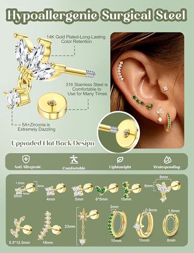 ORAZIO 16 Gauge Cartilage Earrings for Women Flat Back Hypoallergenic Surgical Steel Small Flatback Stud Hoop Cartilage Earring Stack Set Daith Conch Tragus Helix Piercing Jewelry Single PC - color: 14K Gold Plated+Emerald CZ