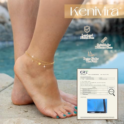 Kenivira Sterling Silver Ankle Bracelets for Women Dainty Non Tarnish Gold Layered CZ Heart Charm Anklets for Women Waterproof Adjustable Chain Anklet Cute Summer Beach Jewelry Gift - color: gold cz heart