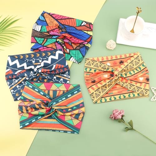 AQOKKA Extra Wide Headbands for Women Large Turban Headband Non Slip Boho Elastic Hairband Hair Twisted Knot Head Bands Accessories - color: 4 Pcs: African Print A
