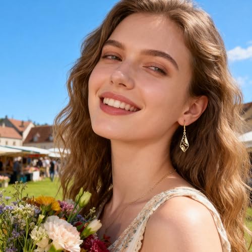 Silver Dangle Earrings Hypoallergenic Filigree Flower Carved Hollow Out Dangle Earrings for Women 14K Gold Plated Geometric Leverback Earring Trendy Silver Drop Earings Jewelry Gifts - color: 14K Gold