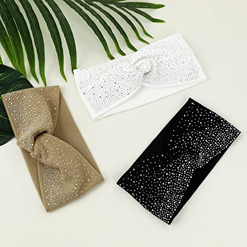 Sparkly Crystal Bling Fancy Headbands with Stretchy Elastic Head Wraps and Turban Scarf for Black Women - 3 Pcs - color: White & Khaki & Black