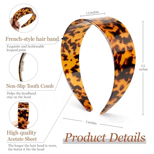 Tortoise Shell Headbands for Women, Wide Leopard Headbands with Teeth for Women's Hair No Headache Headband No Slip Hairbands-Tortoise, Acetate Hair Accessory for Daily Wear & Parties - color: Deep leopard print