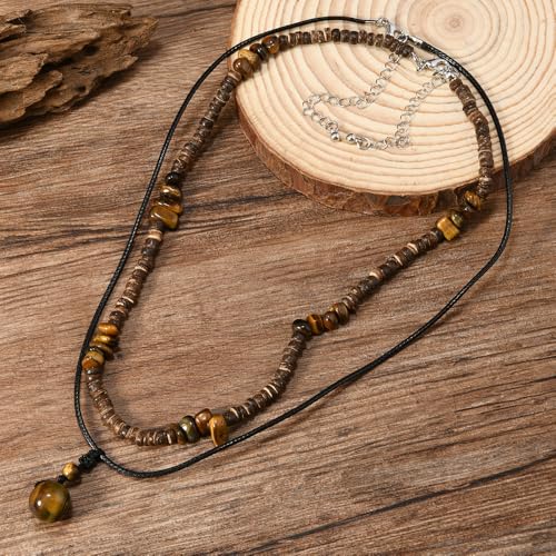 Layered Beaded Necklace for Women, Brown Tiger Eye Style Stone Necklace, Black Cord Pendant Necklace, Boho Adjustable Choker Necklace for Daily Wear, Vacation, Festival, Casual Outfits